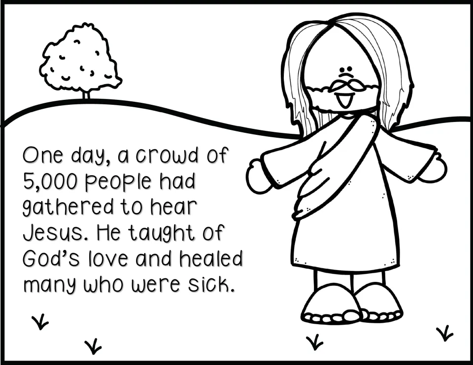 Black-and-white story page 2: 5,000 people gather to hear Jesus, who teaches God's love and heals the sick