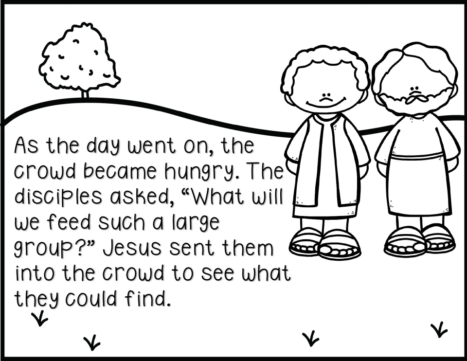 Black-and-white story page 3: the disciples ask how to feed the hungry crowd, and Jesus sends them to look