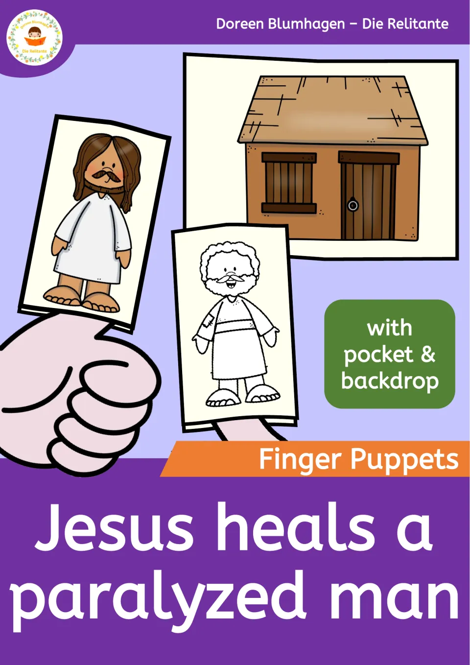 Cover for Jesus heals a paralyzed man finger puppets with a colored puppet, a black-and-white puppet and a house