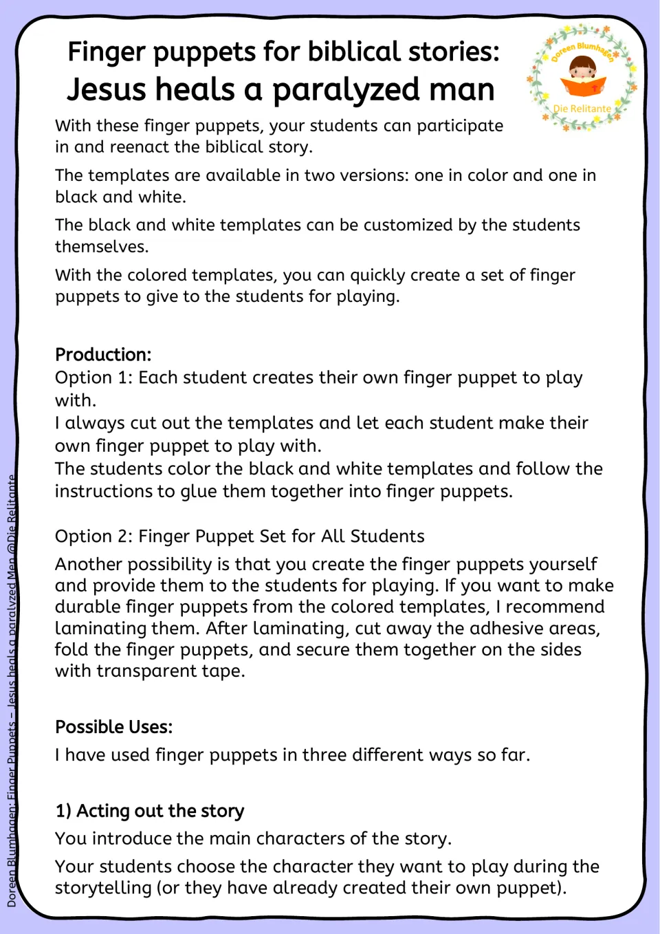 Teacher guide to making finger puppets in color or black and white, with two production options and uses for the story