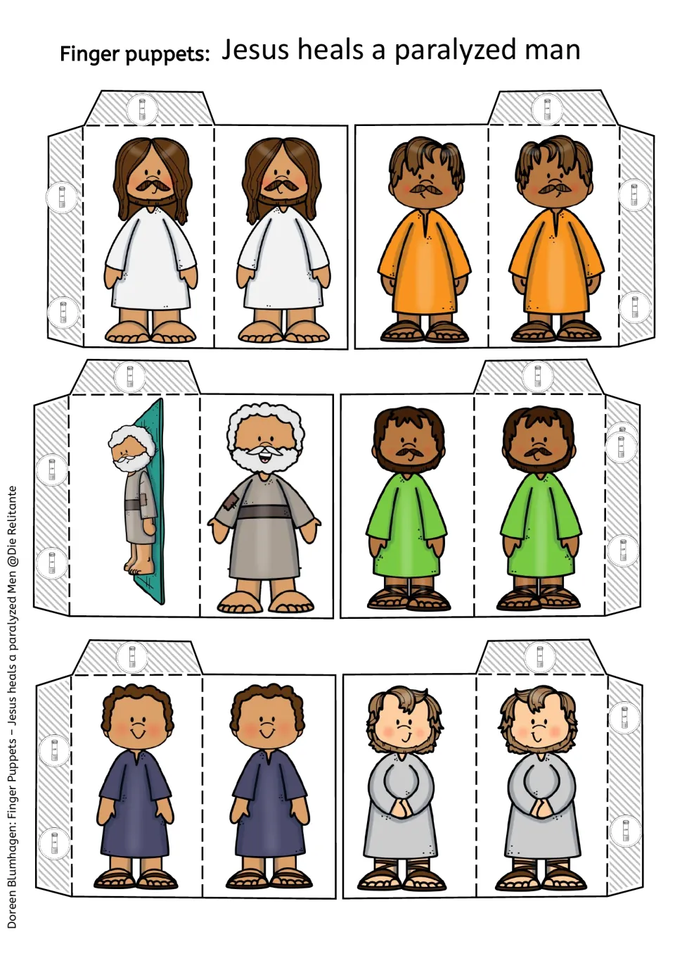 Colored finger puppet cut-outs of Jesus, the man on his mat and other story characters, two of each, with glue tabs
