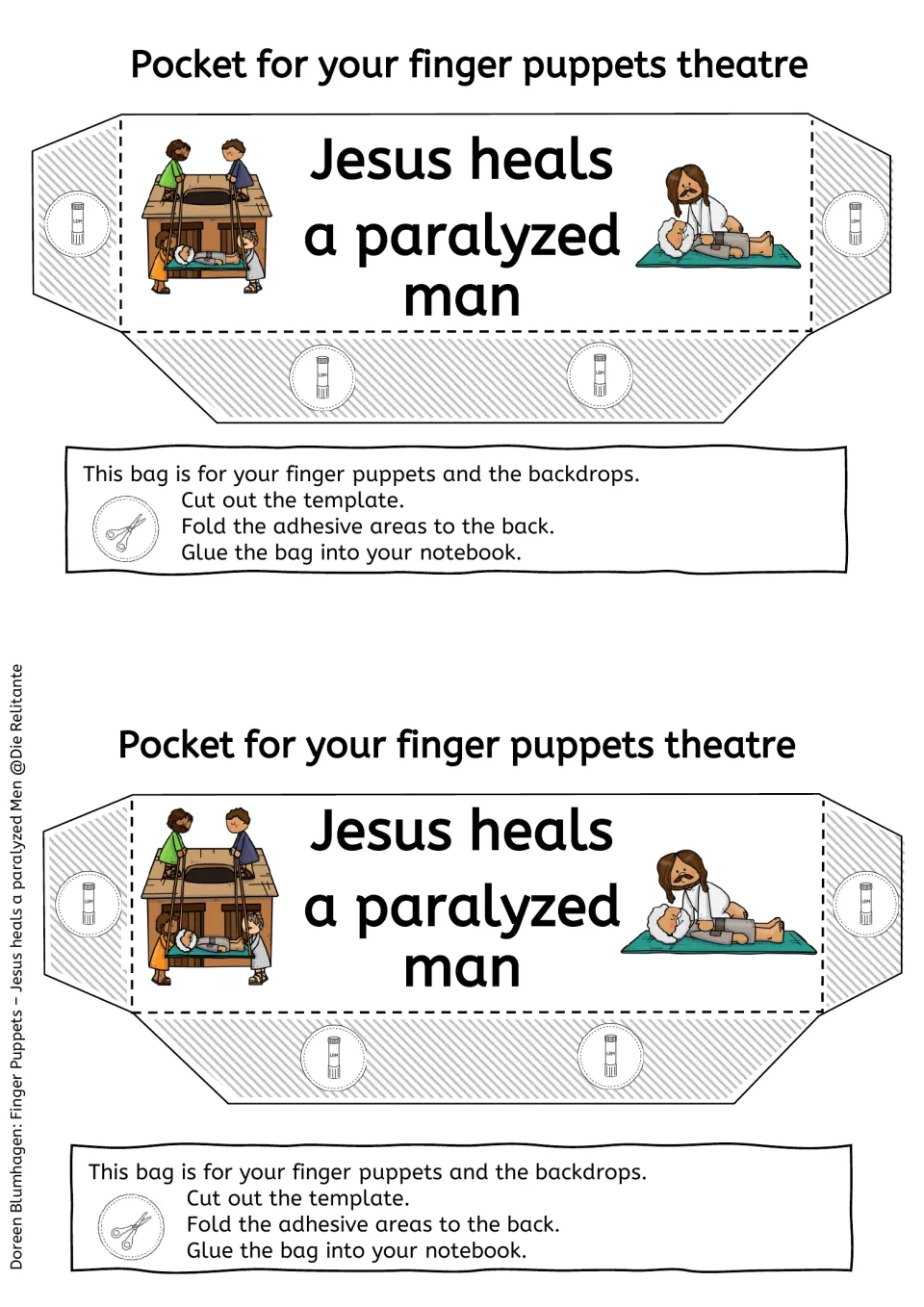 Colored pocket for puppets and backdrops: students cut it out, fold the glue tabs back and glue it into a notebook