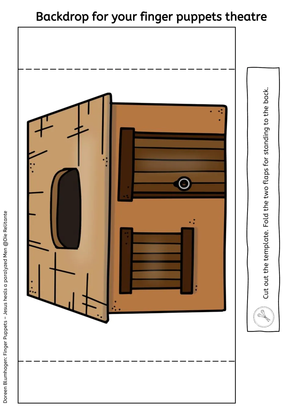 Second colored house backdrop with an opening in the roof, to cut out and stand up by folding the two flaps to the back