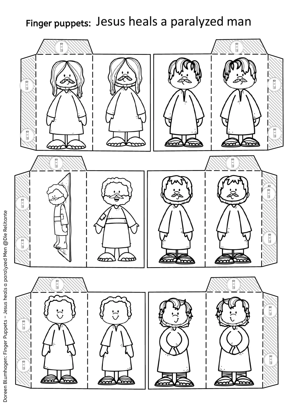 Black-and-white finger puppet cut-outs of Jesus, the paralyzed man on his mat and other characters for students to color