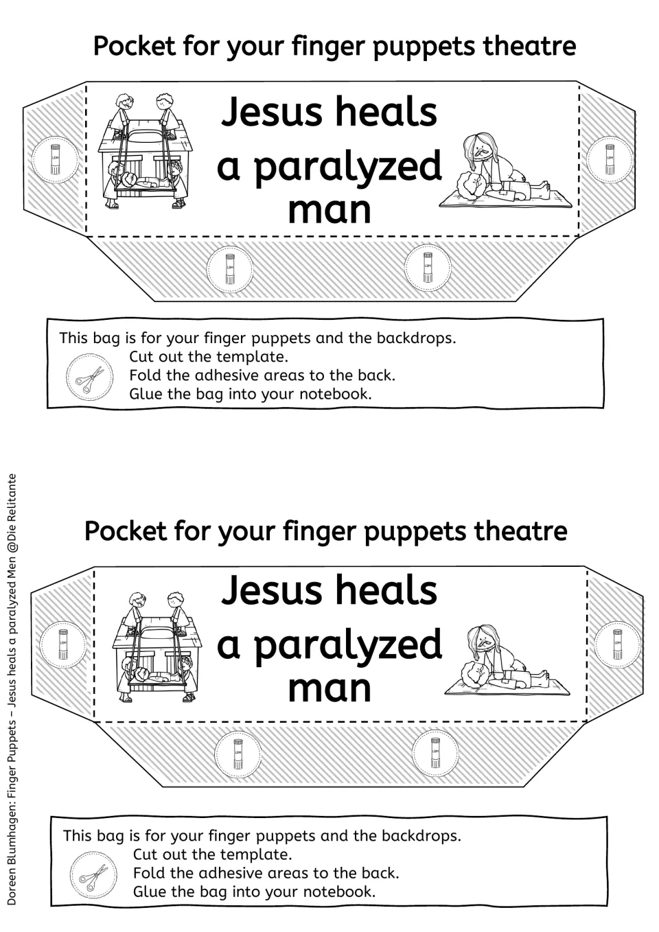Black-and-white pocket template with a house scene and healing picture to color, cut out and glue into a notebook