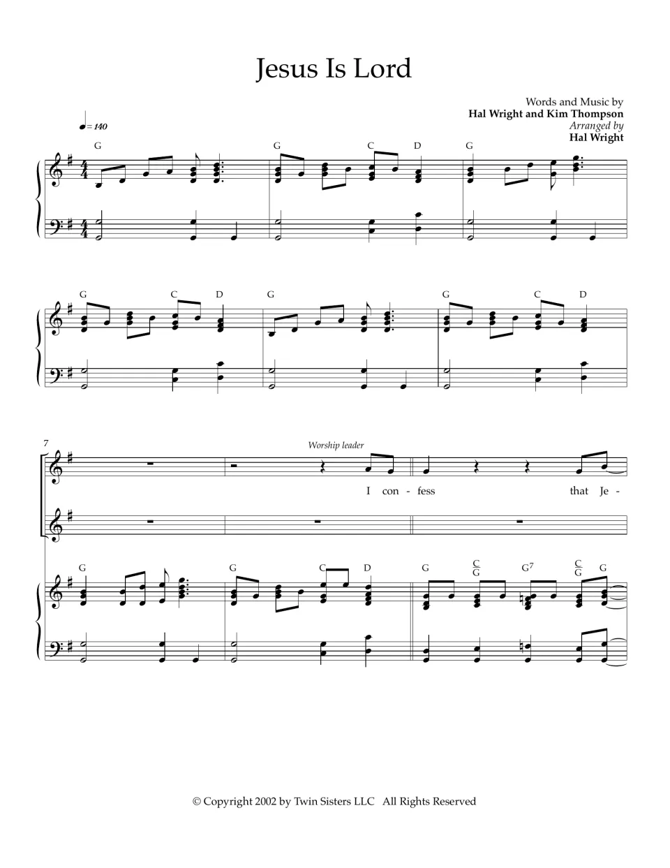 Jesus Is Lord piano and vocal score, G major, tempo 140: opening chords, worship leader enters at measure 7