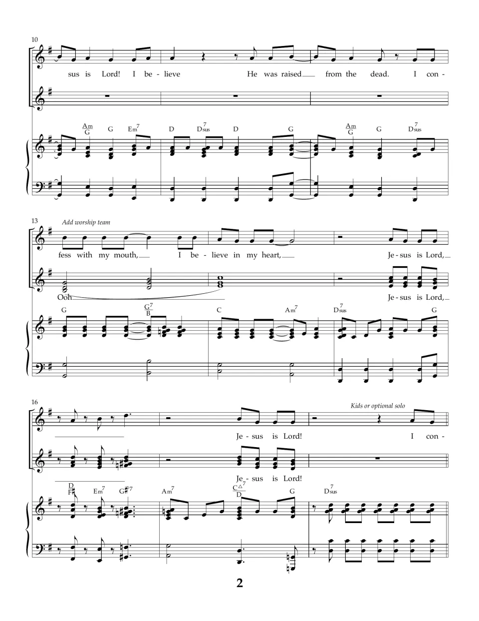 Measures 10 to 18 of the song: lyrics 'I believe He was raised from the dead' with worship team and kids or solo cues