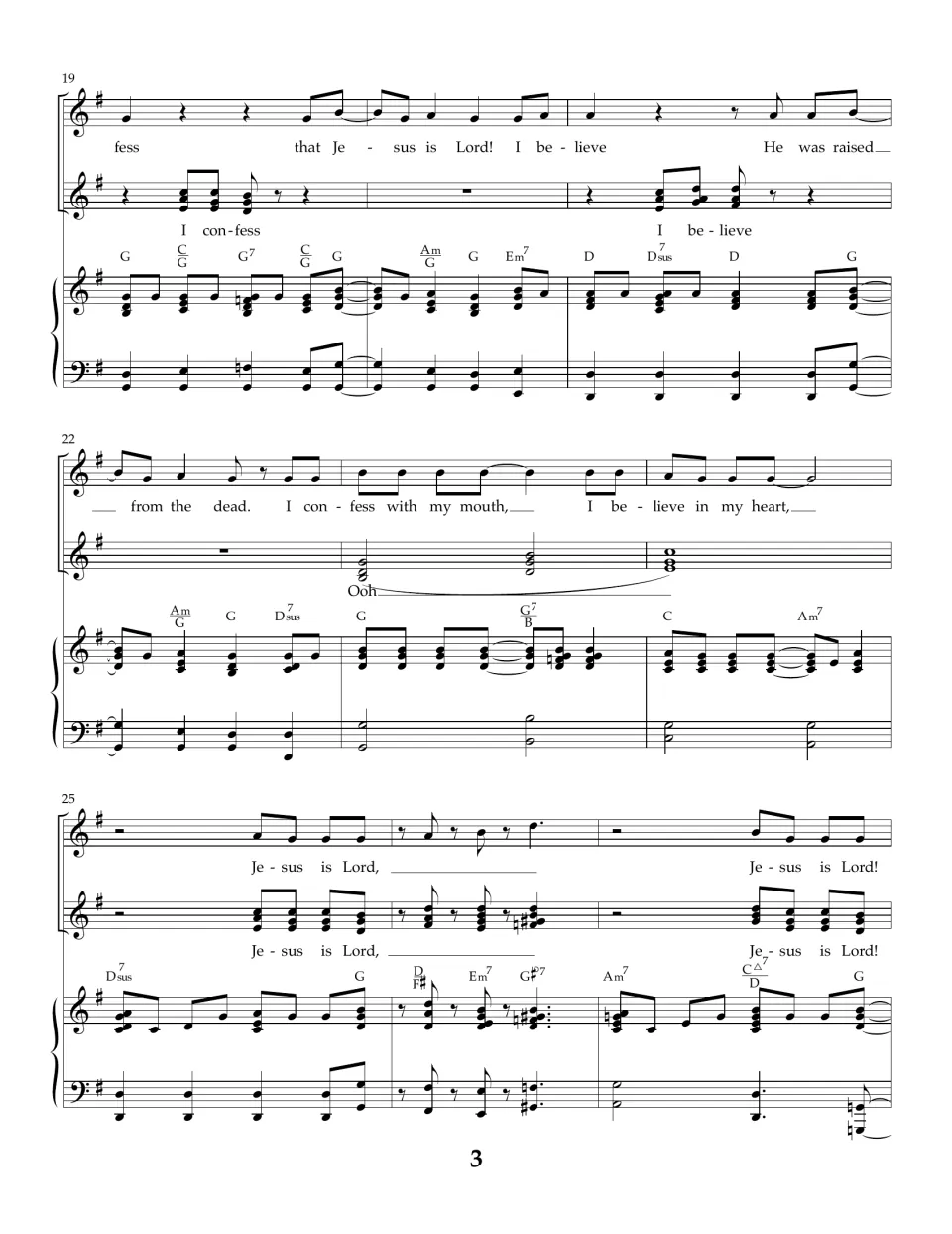 Measures 19 to 27: repeated 'I confess with my mouth, I believe in my heart' lyric with Ooh harmony and chord symbols