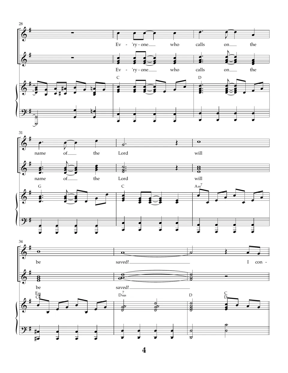 Measures 28 to 36: new lyric 'Everyone who calls on the name of the Lord will be saved' sung over piano chords