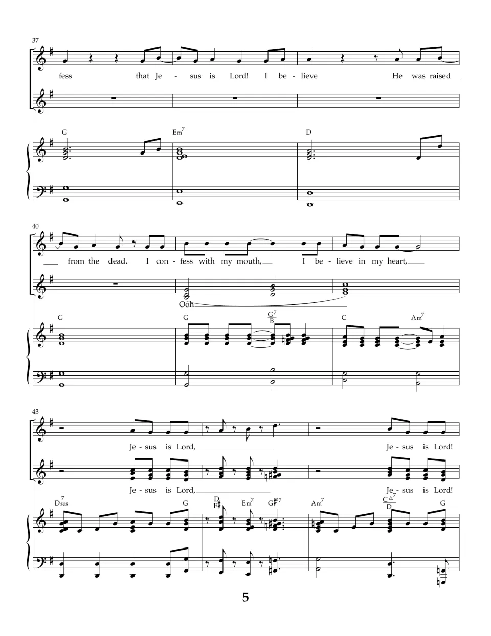 Measures 37 to 45: confess and believe verses return, building to 'Jesus is Lord!' in melody and harmony parts