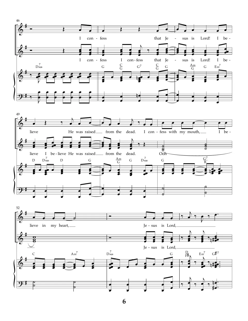 Measures 46 to 54: both vocal parts sing 'I confess that Jesus is Lord! I believe He was raised from the dead'