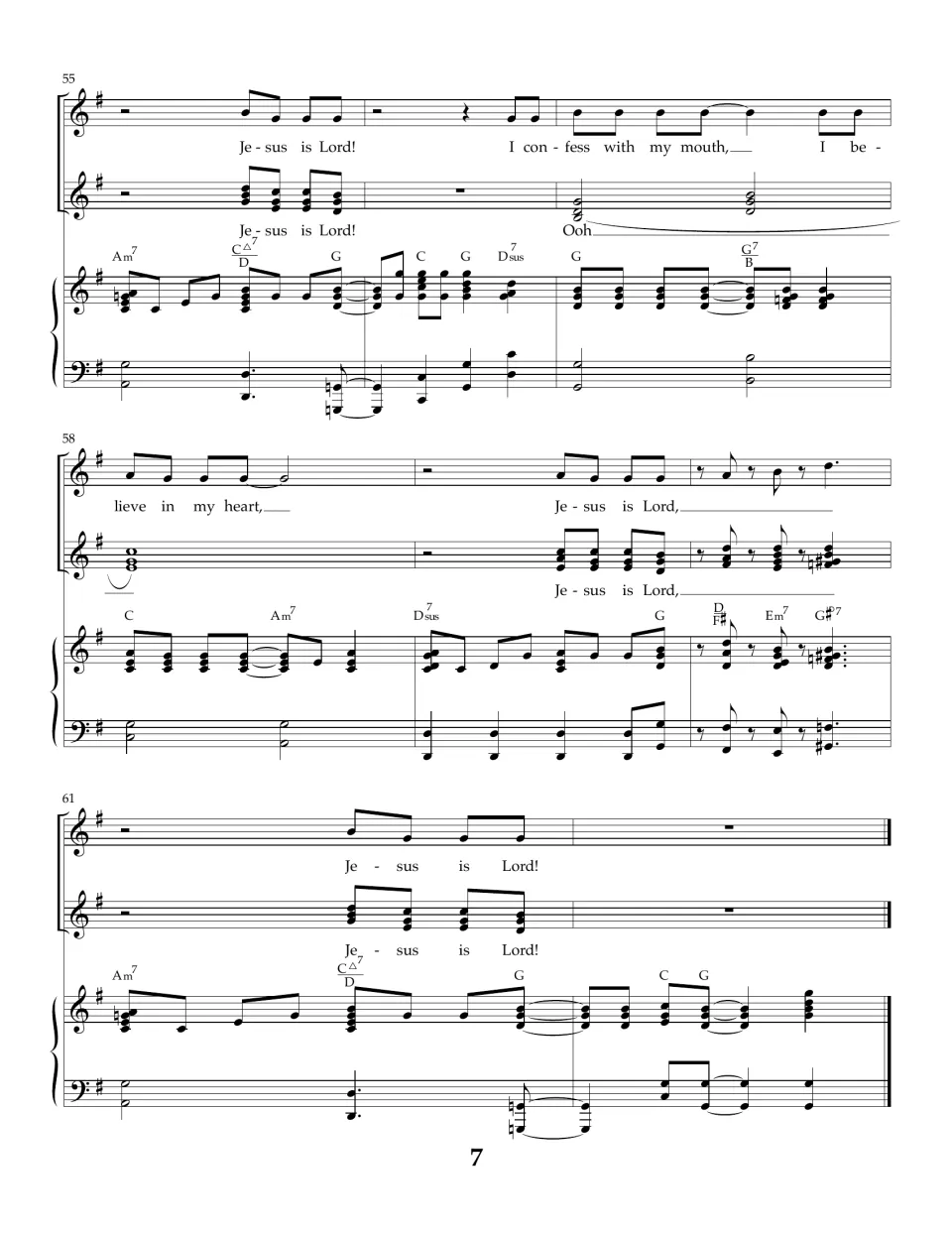 Final measures 55 to 62: last 'Jesus is Lord!' statements and closing chords ending at the final double bar