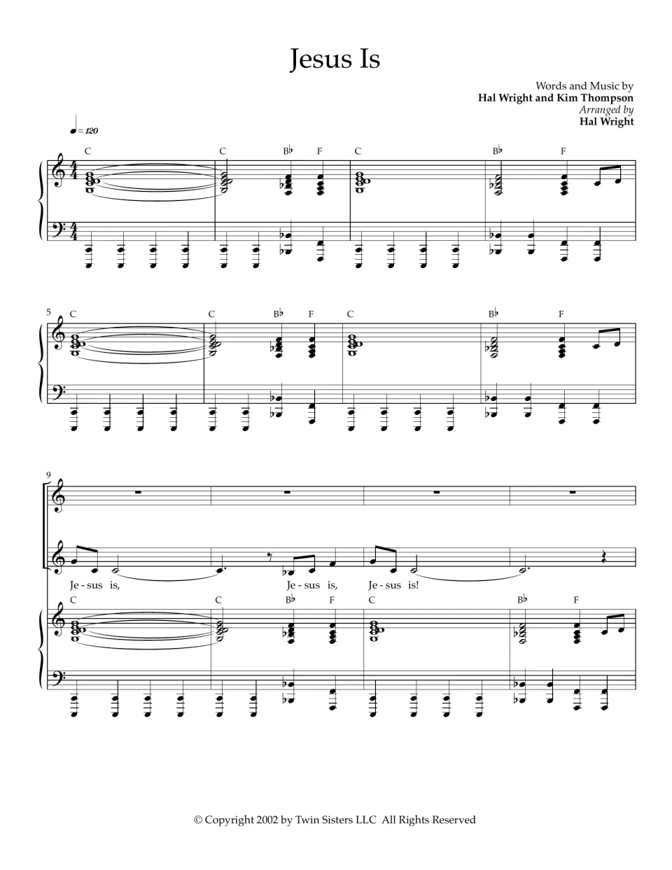 Opening score page: measures 1–12 introduce piano accompaniment and vocal entries at a tempo of 120.