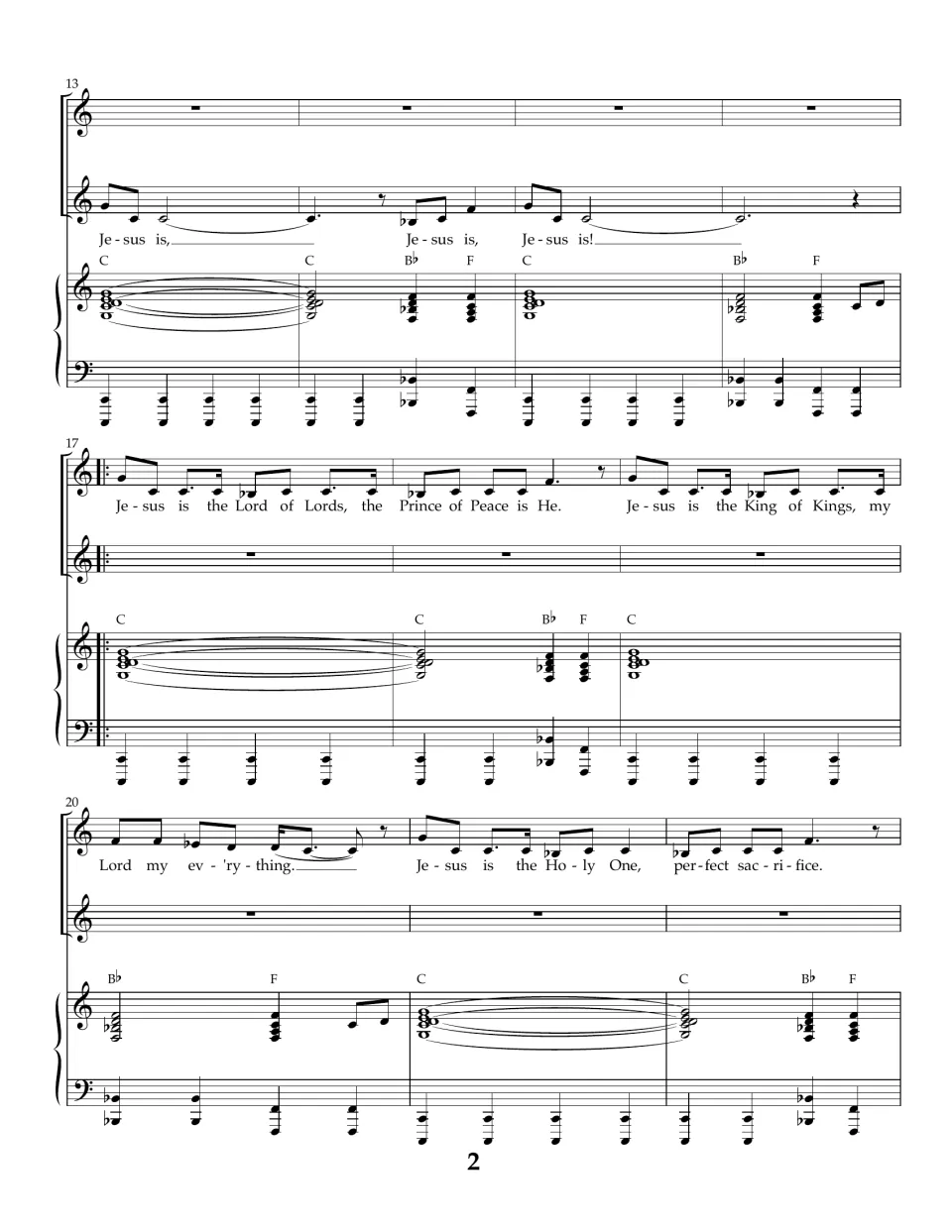 Score page 2: measures 13–22 continue the refrain and introduce lyrics naming Lord of Lords and King of Kings.