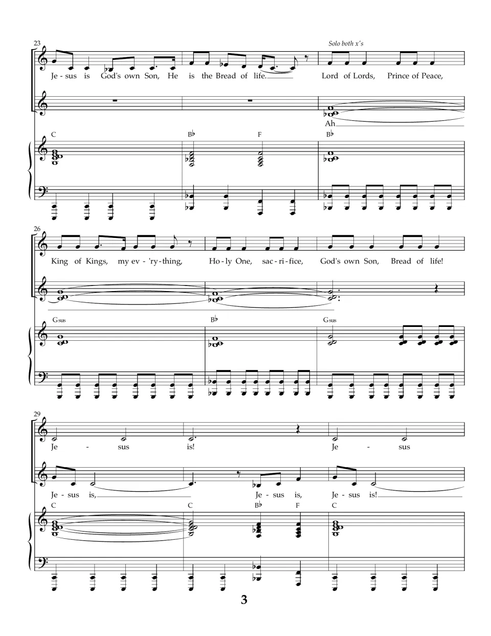 Score page 3: measures 23–31 include God's own Son, Bread of life, and a solo over sustained vocal harmony.