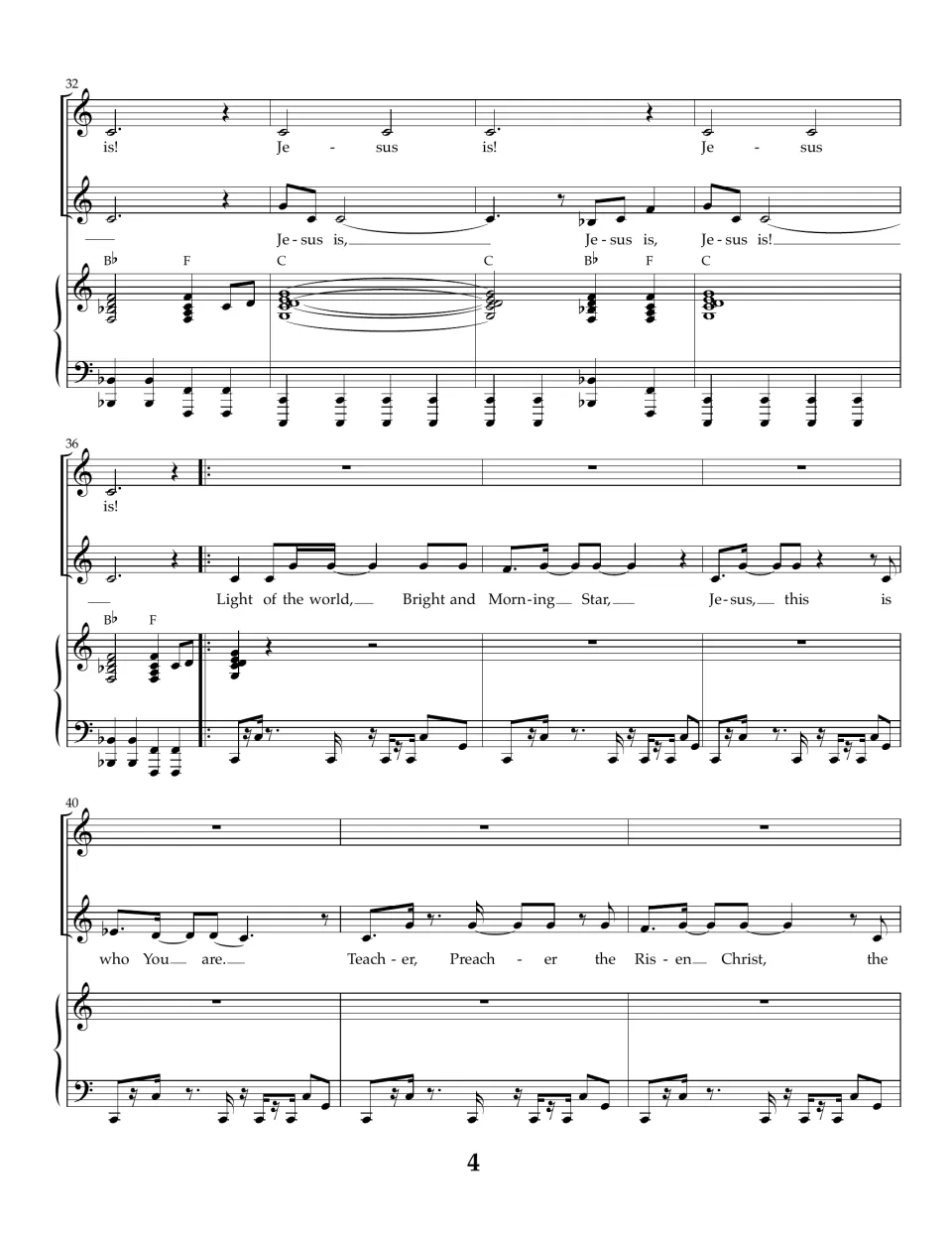 Score page 4: measures 32–42 move from the refrain to Light of the world, Morning Star, and Risen Christ.