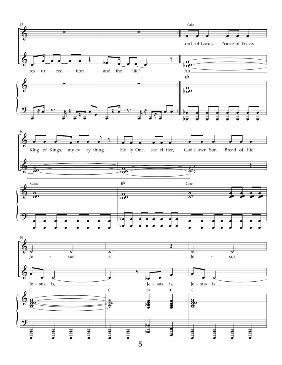 Score page 5: measures 43–51 finish resurrection and the life, then return to a solo and the refrain.