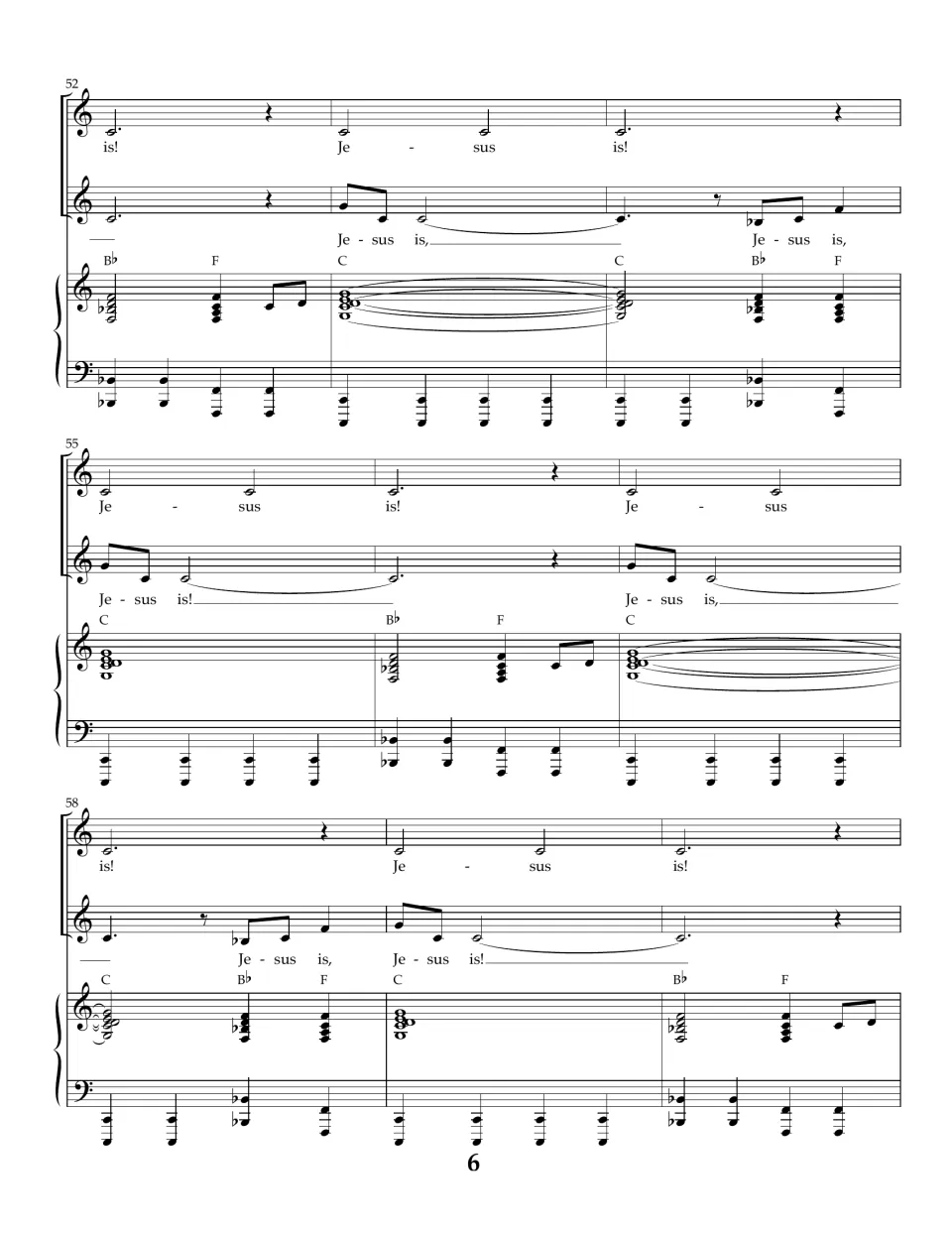 Score page 6: measures 52–60 continue the repeated refrain in two vocal parts over piano accompaniment.