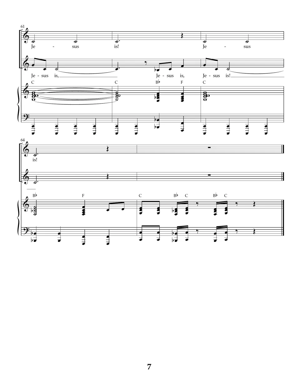 Final score page: measures 61–65 complete the vocal refrain and close with a rhythmic piano ending.