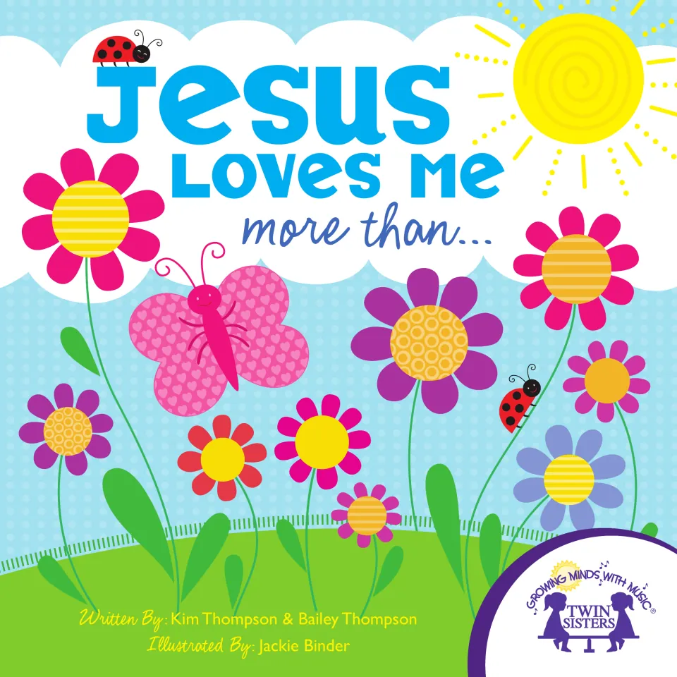Jesus Loves Me More Than eBook cover with a pink butterfly, ladybugs and garden flowers under a sun