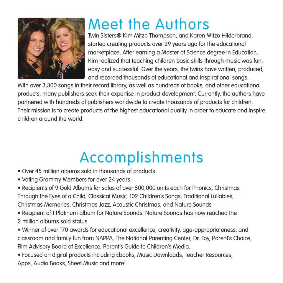 Meet the Authors page about Twin Sisters Kim Mitzo Thompson and Karen Mitzo Hilderbrand, with their accomplishments