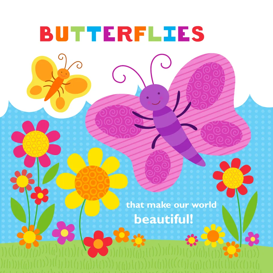 Story page: 'Butterflies that make our world beautiful!' with a pink and a yellow butterfly over flowers