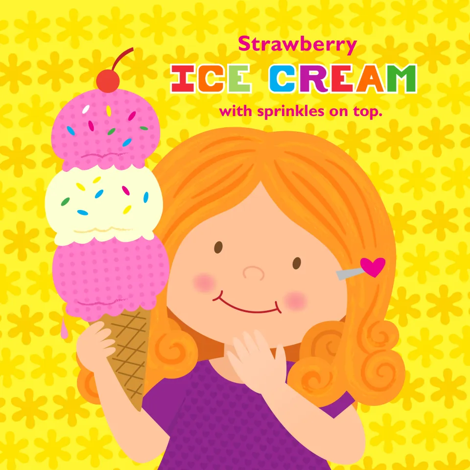 Story page: 'Strawberry ice cream with sprinkles on top.' with a girl holding a three-scoop cone