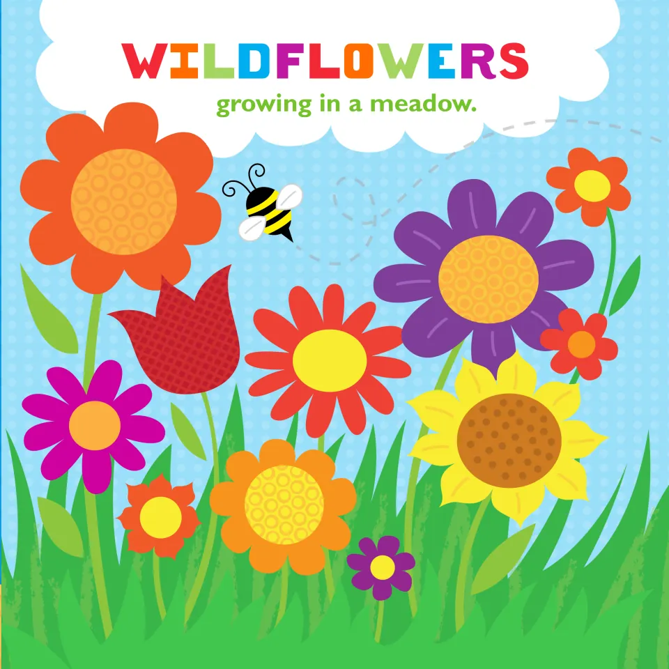 Story page: 'Wildflowers growing in a meadow.' with a bee flying over bright flowers and a sunflower