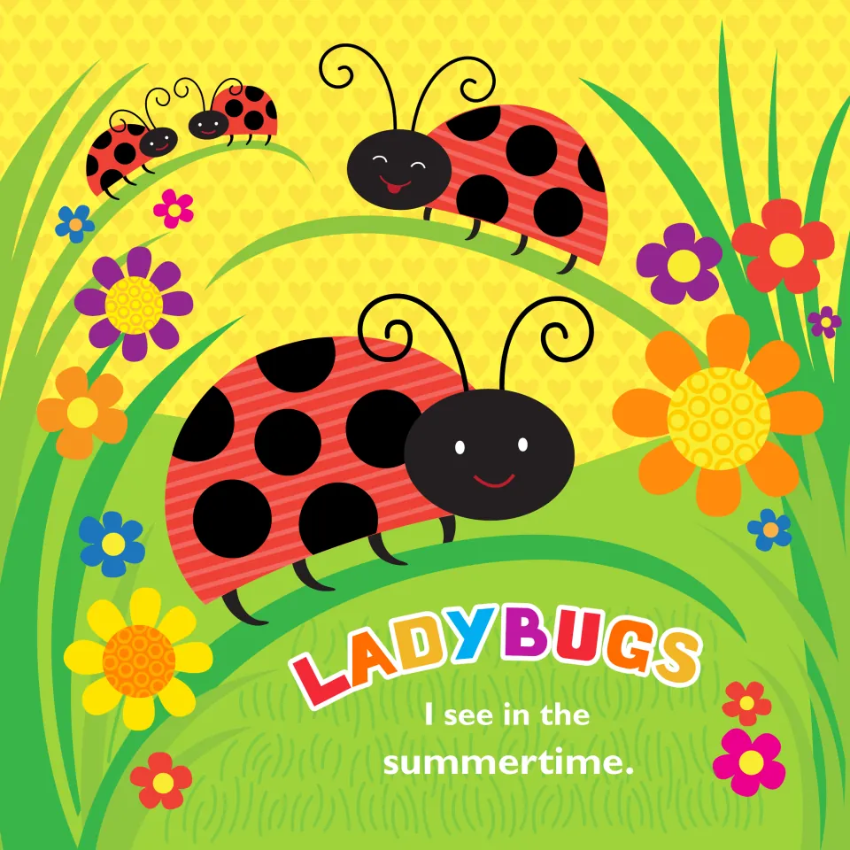 Story page: 'Ladybugs I see in the summertime.' with four ladybugs on blades of grass among flowers