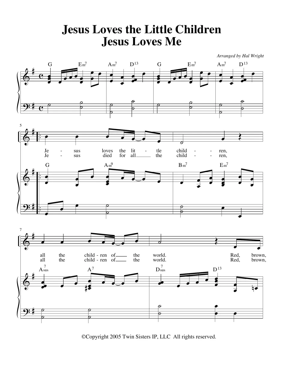 Opening score page: piano introduction and vocal entrance on “Jesus loves the little children,” with chords