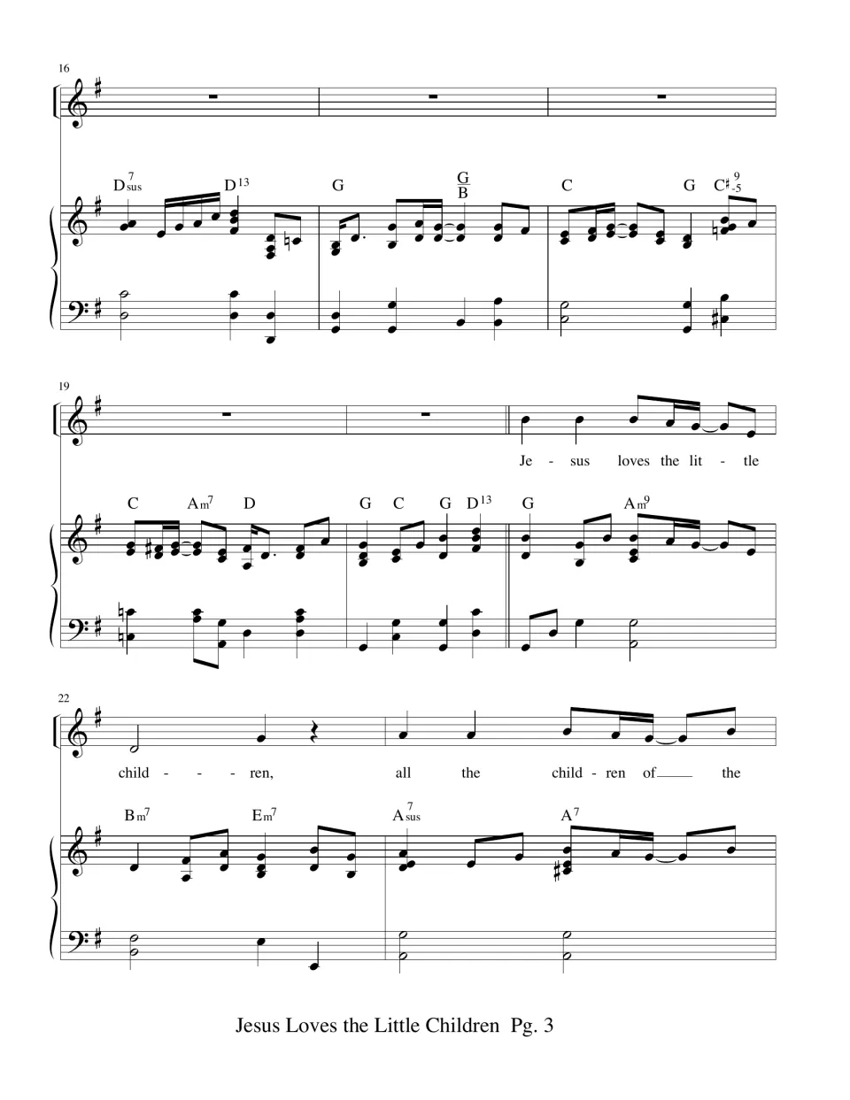 Score continuation: piano interlude followed by the returning vocal melody, “Jesus loves the little children”