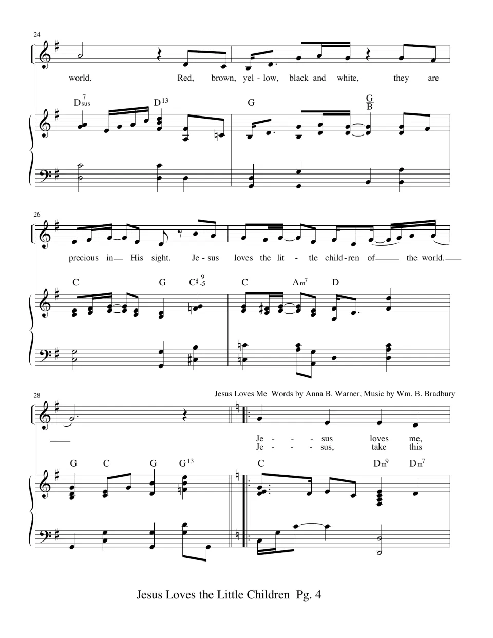 Score transition: the first song ends on “the world,” and the second begins with “Jesus loves me”