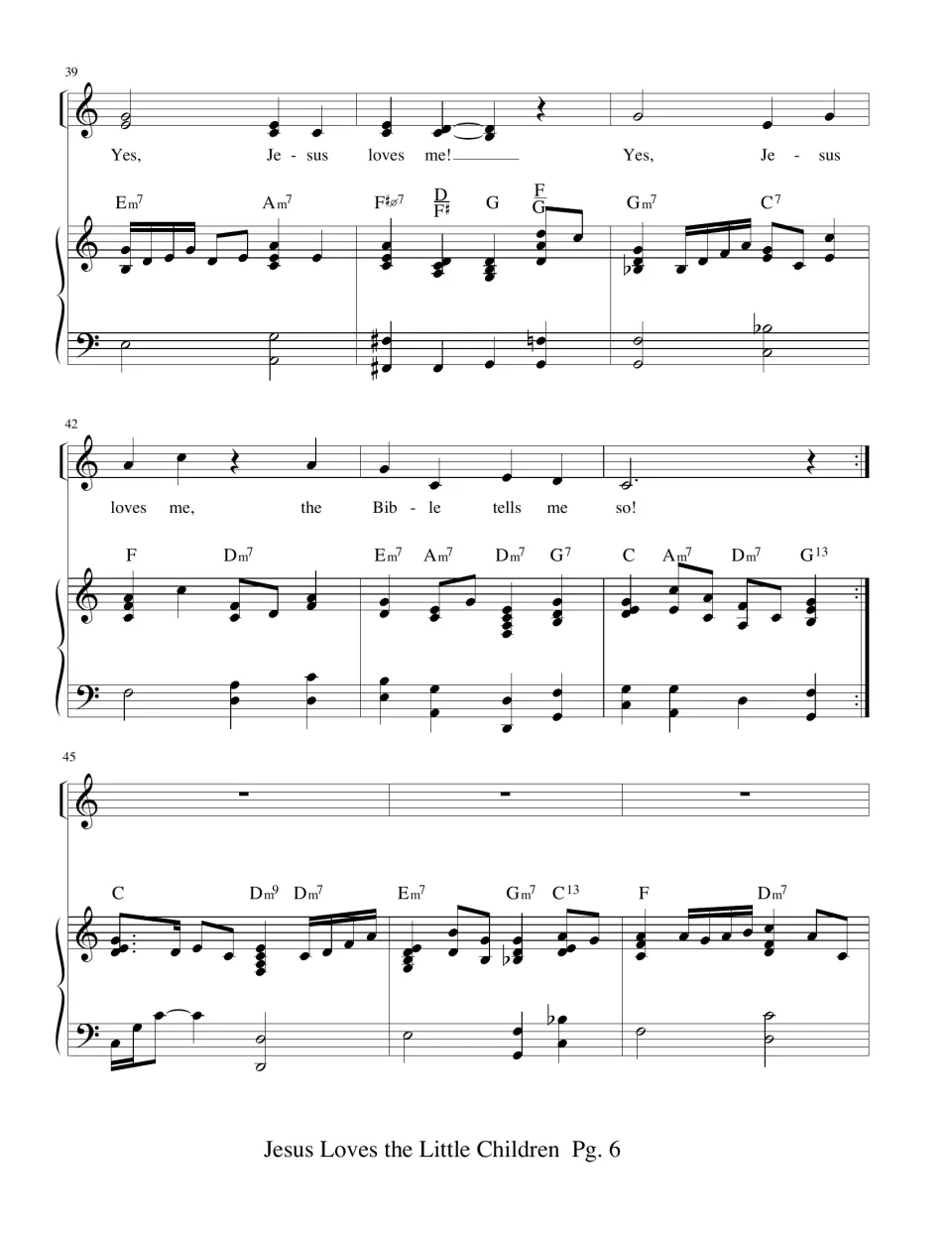 Second song score: the refrain ends with “the Bible tells me so!” before a repeat sign and piano interlude