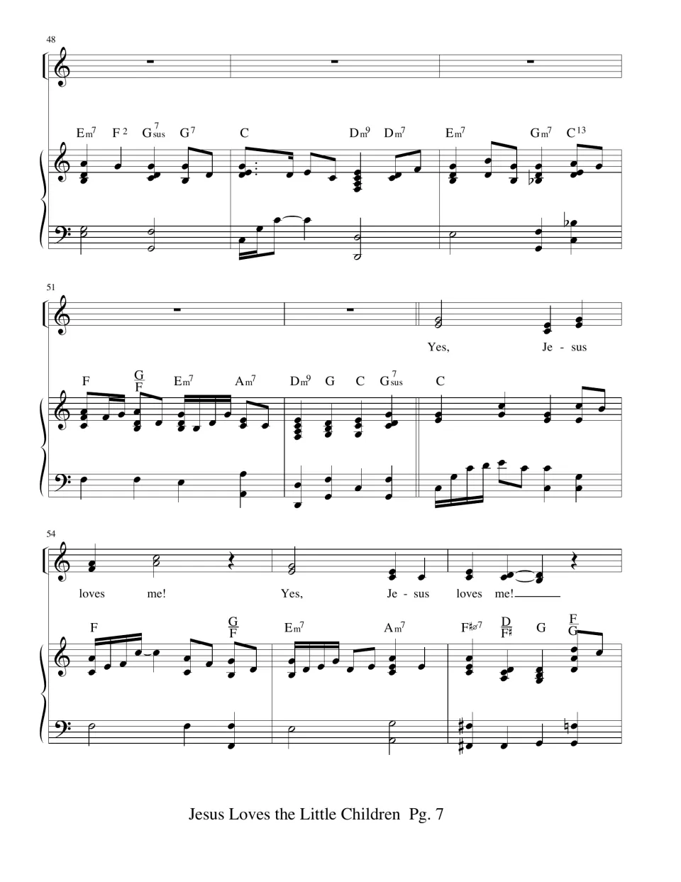 Second song score: piano interlude continues before voices return with the refrain “Yes, Jesus loves me!”