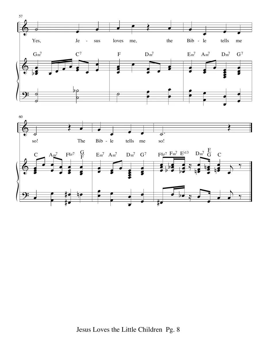 Final score page: closing refrain and repeated “The Bible tells me so!” with piano accompaniment and chords