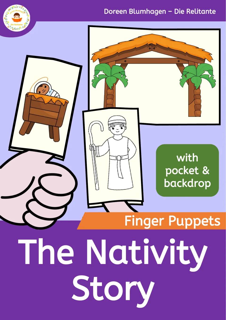 Nativity finger puppet resource cover showing baby Jesus, a shepherd, and a stable backdrop for storytelling
