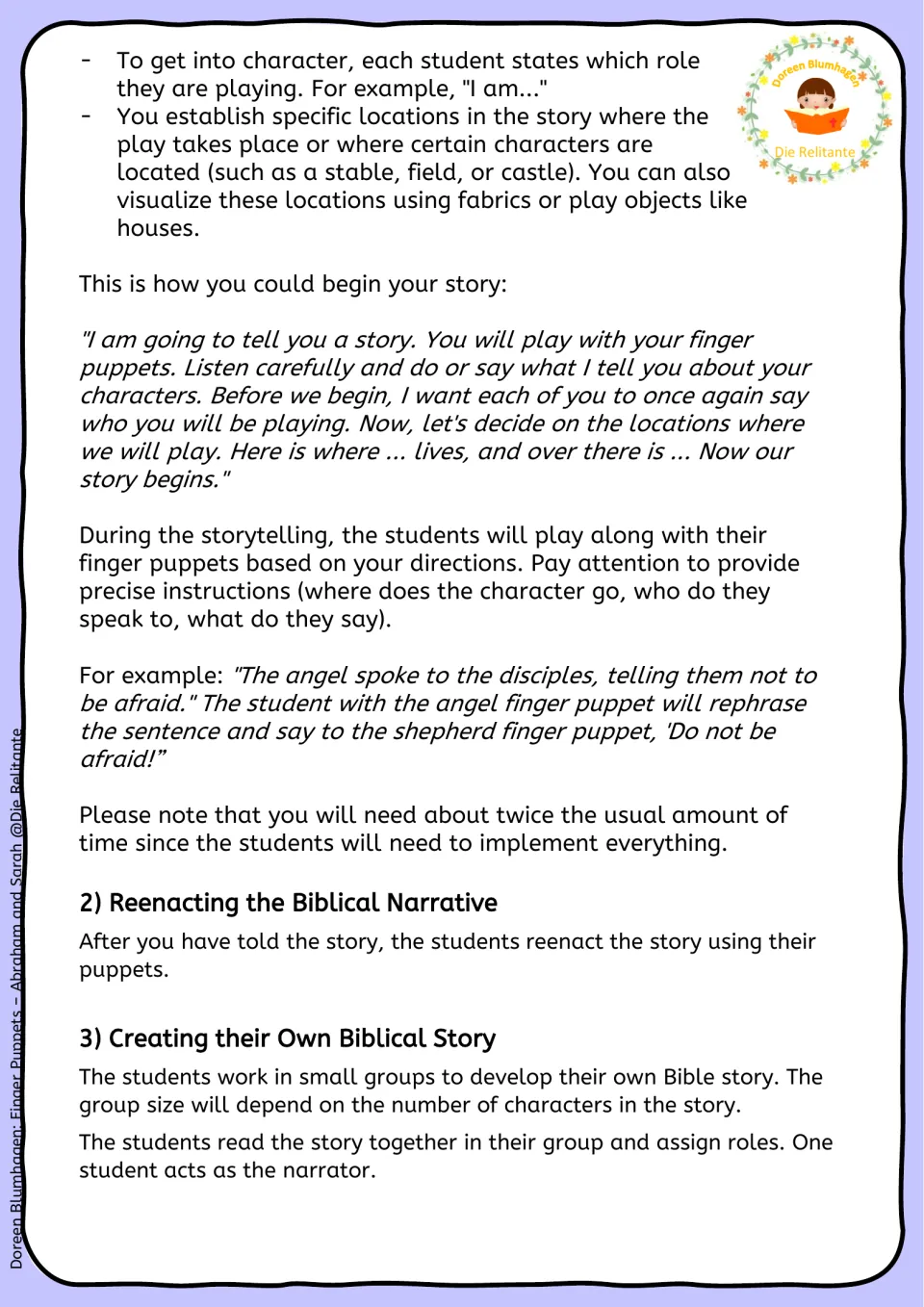 Nativity puppet teaching directions cover guided storytelling, reenacting the narrative, and group roles