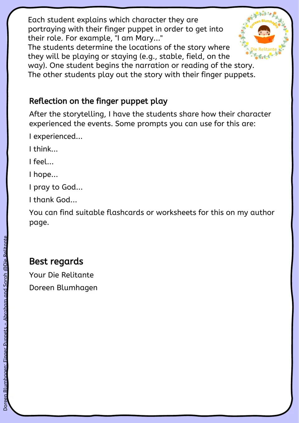 Nativity puppet guidance finishes group storytelling and gives reflection prompts such as 'I feel...'