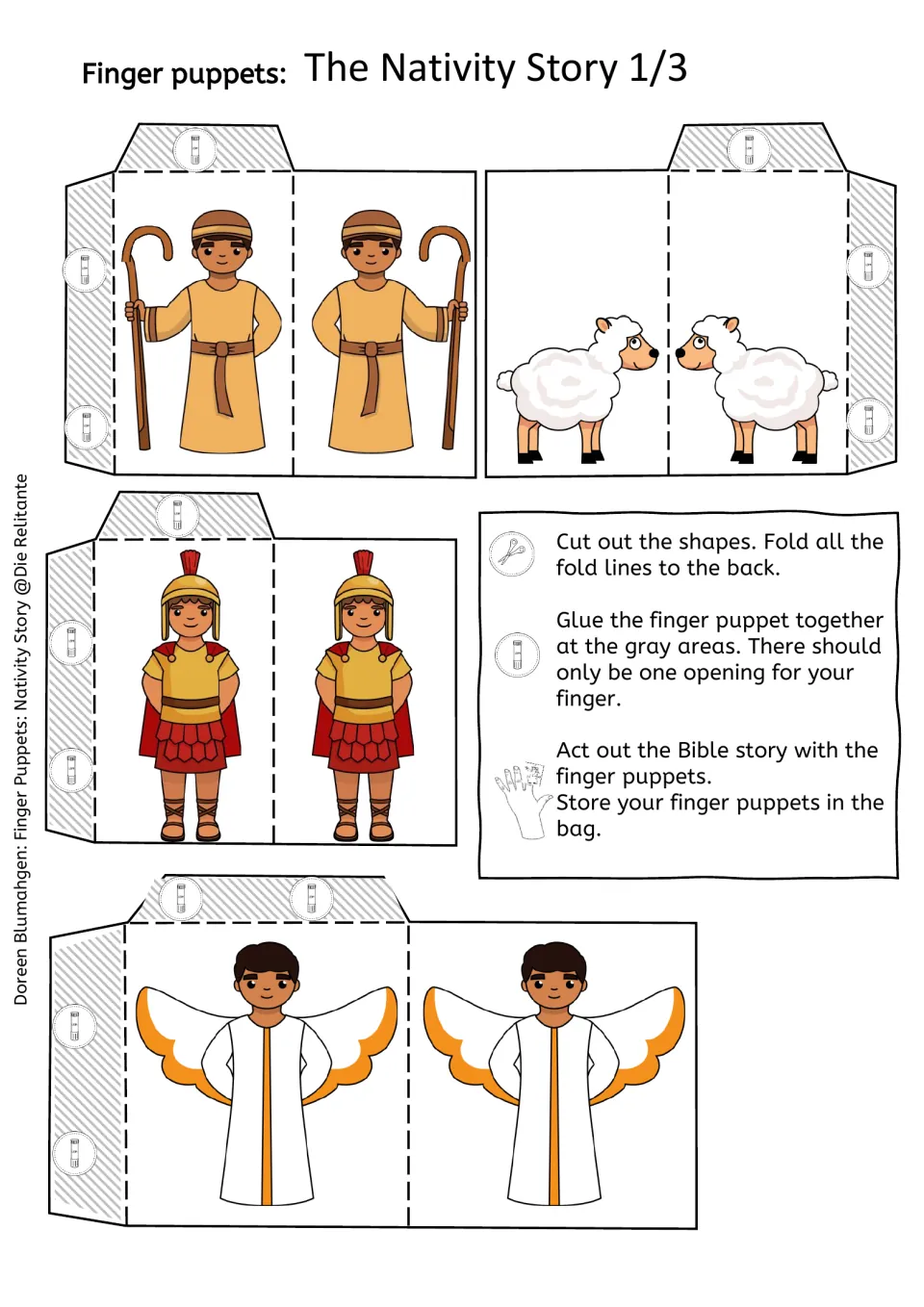 Nativity puppet template sheet 1 of 3 includes a shepherd, sheep, soldier, and angel, plus assembly steps