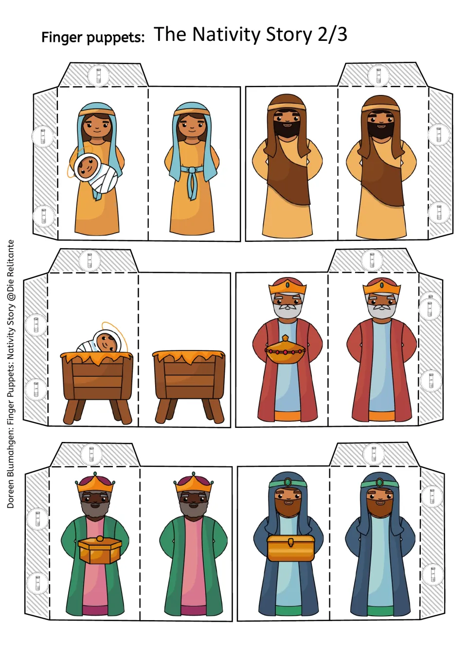 Nativity puppet template sheet 2 of 3 includes Mary, Joseph, baby Jesus in a manger, and three wise men