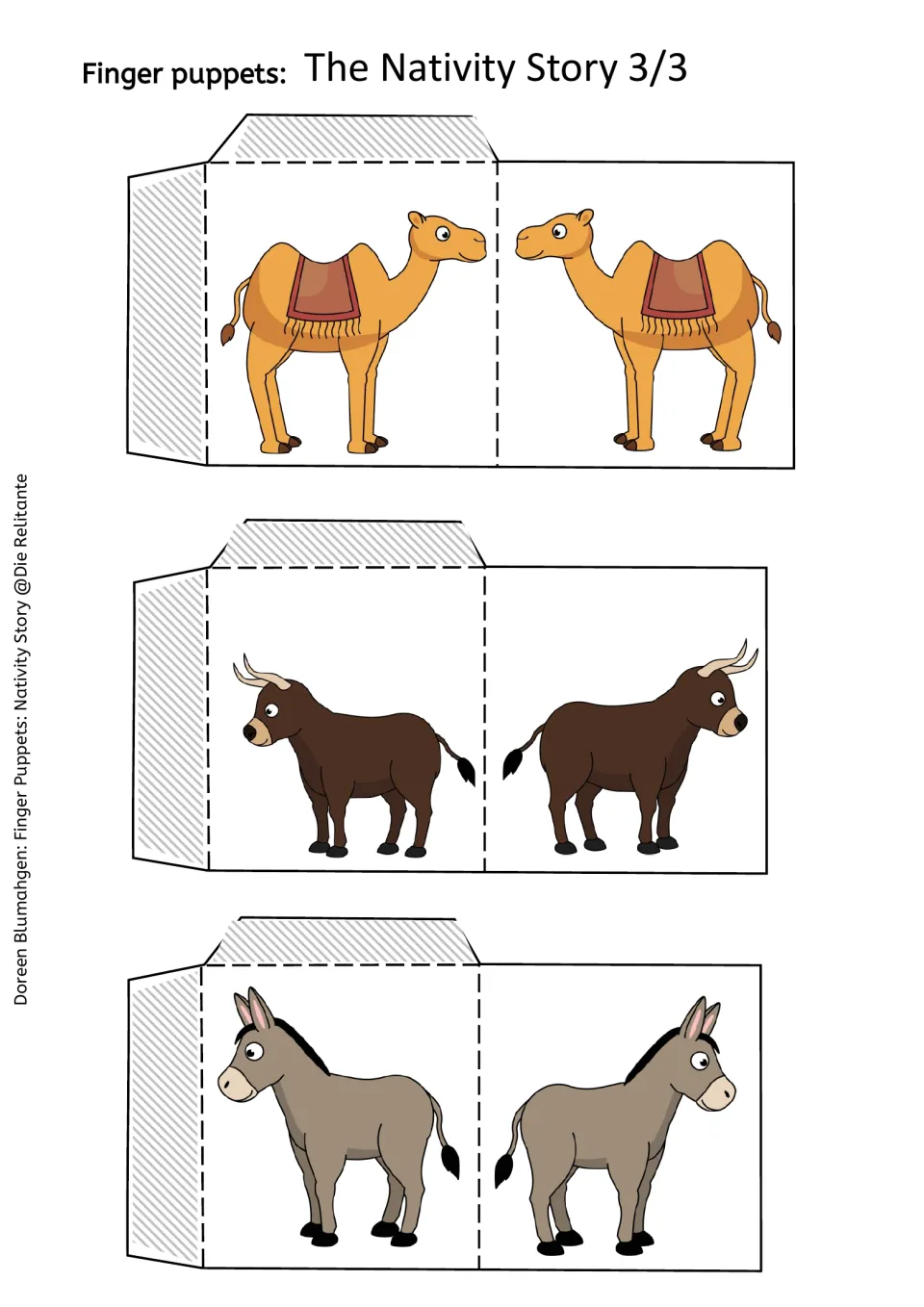 Nativity puppet template sheet 3 of 3 includes a camel, ox, and donkey to cut, fold, and glue for story play