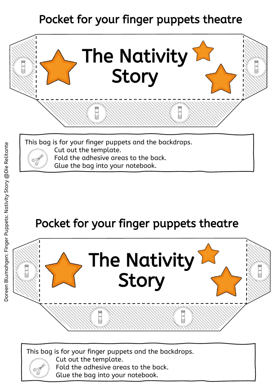 Two Nativity puppet storage pocket templates include directions to cut, fold, and glue into a notebook