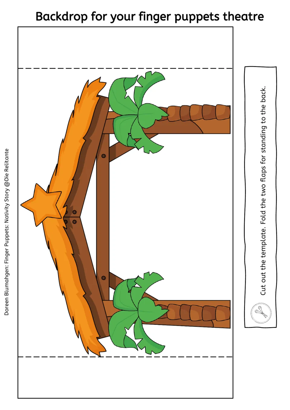 Stable backdrop template for Nativity finger puppet storytelling includes a star and fold-back supports