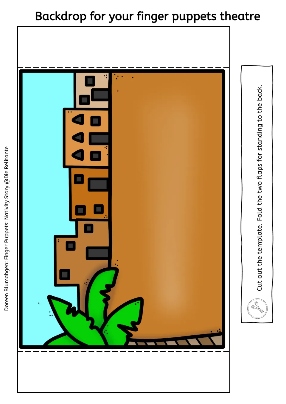 Town backdrop template for Nativity finger puppet storytelling shows buildings, a palm tree, and open ground