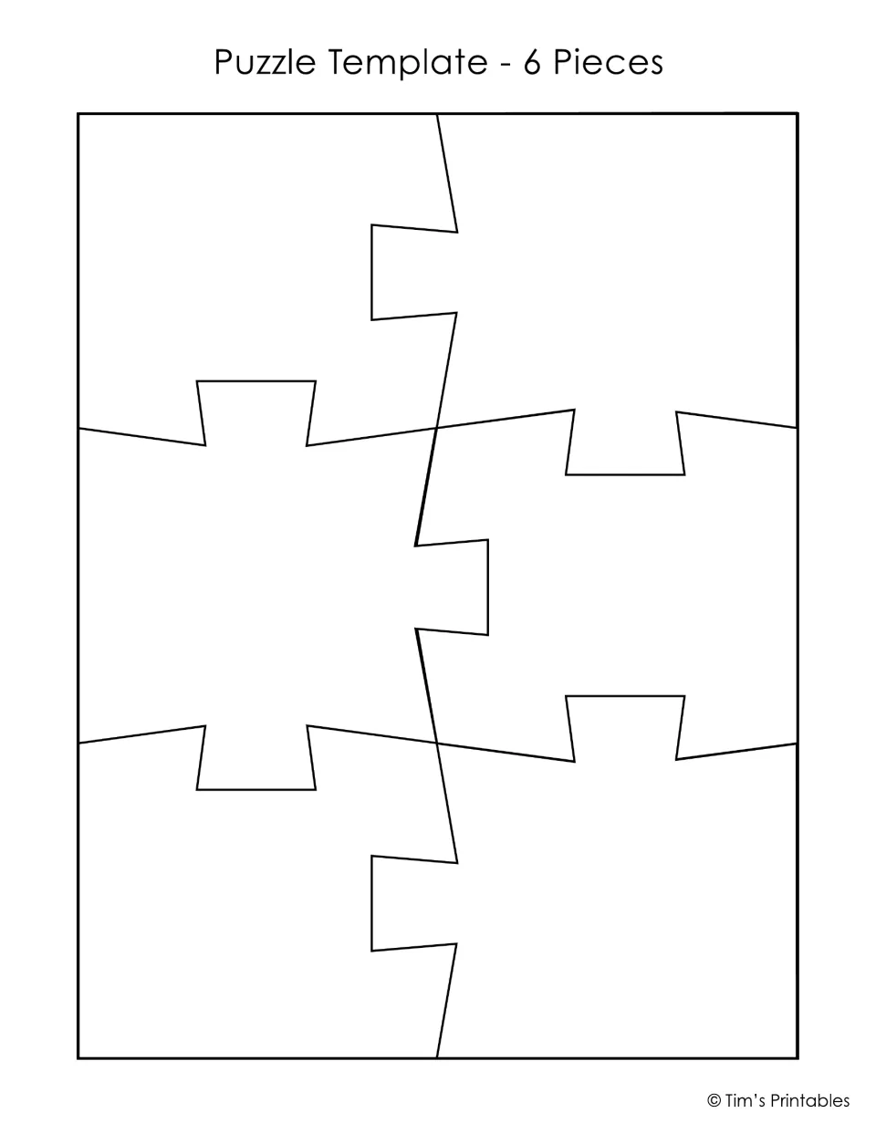 6-piece puzzle template: a blank rectangle split into six interlocking pieces, ready for a student drawing and cutting