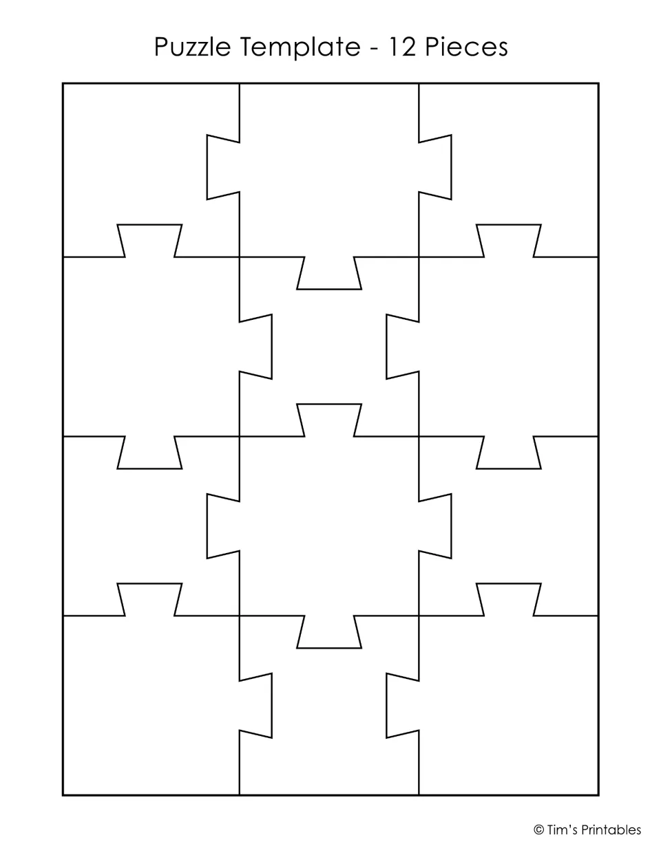 12-piece puzzle template: blank jigsaw of 12 interlocking pieces, four rows of three, for students to colour and cut out