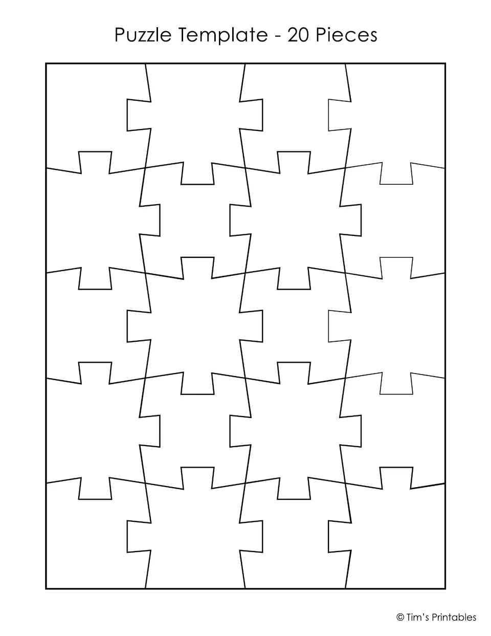 20-piece puzzle template: blank jigsaw of 20 interlocking pieces, five rows of four, to decorate and cut into a puzzle