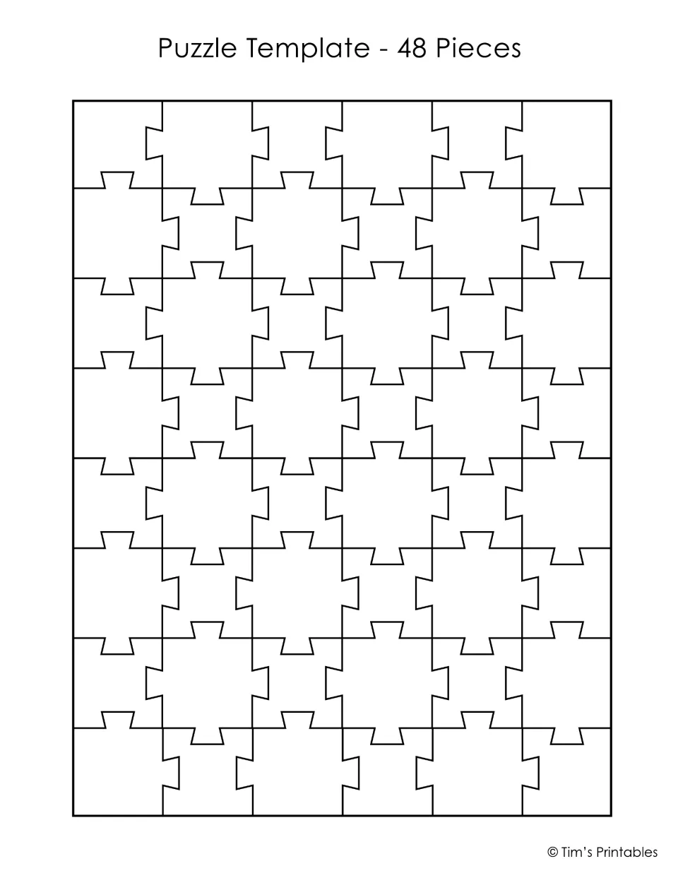 48-piece puzzle template: blank jigsaw of 48 interlocking pieces, eight rows of six, for a coloured design to cut apart