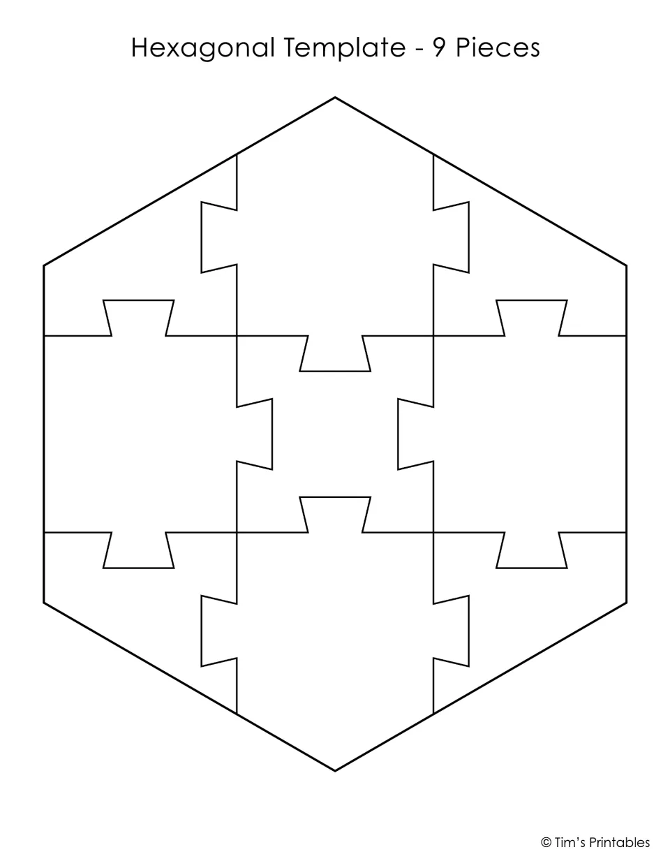 Hexagonal Template - 9 Pieces: hexagon-shaped jigsaw of nine interlocking pieces to colour, cut and piece together