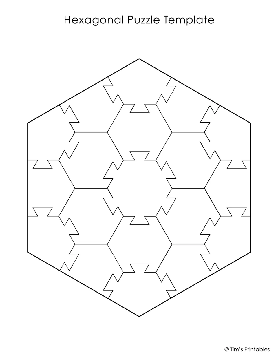 Hexagonal Puzzle Template: large hexagon split into a centre hexagon ringed by angular interlocking pieces to colour and cut